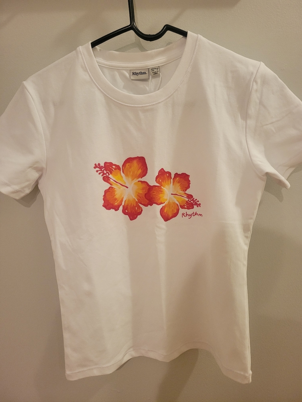 Rhythm. White Tee with Orange-Red Hibiscus Print